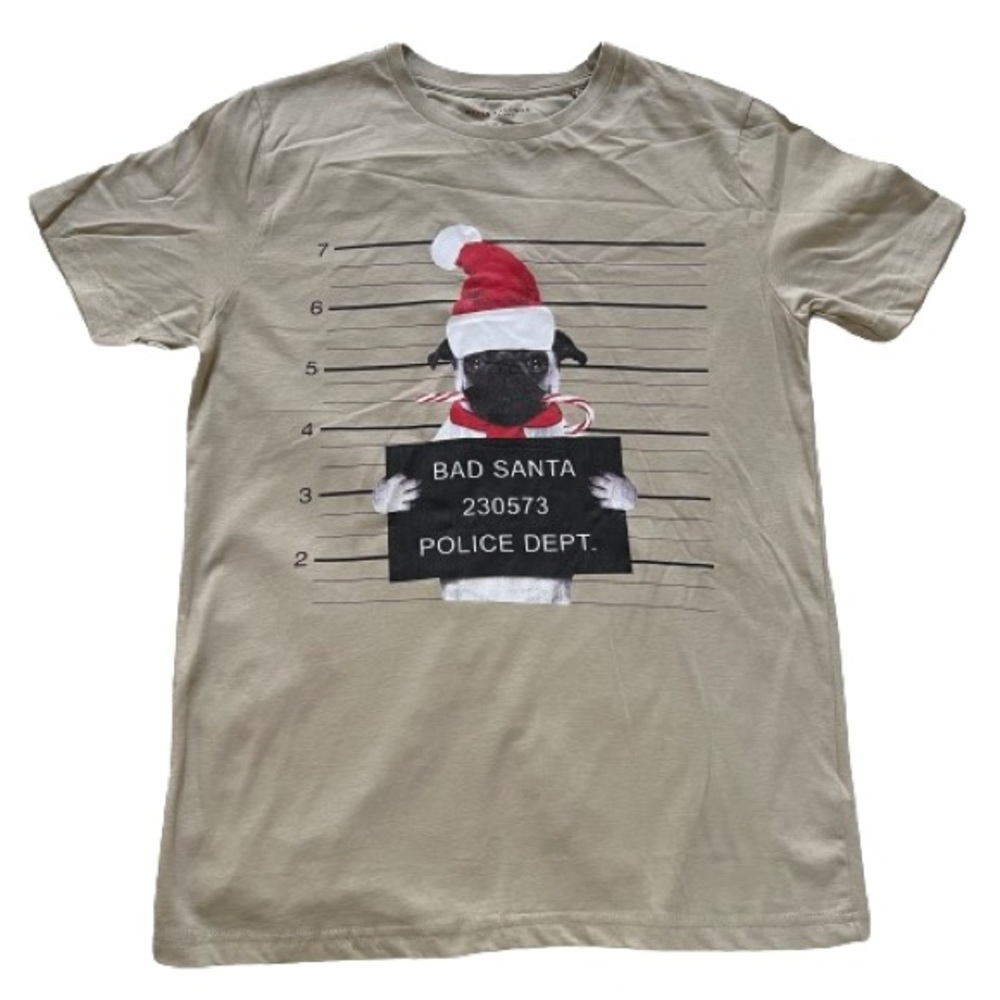 NWT MENS DENIM & FLOWER BAD SANTA DOG MUGSHOT CHRISTMAS SHIRT SMALL